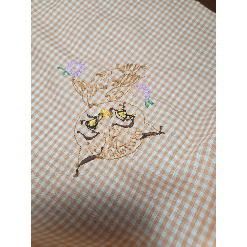 Owl Embroidered Gingham Peach Orange Table Cloth Cover 44